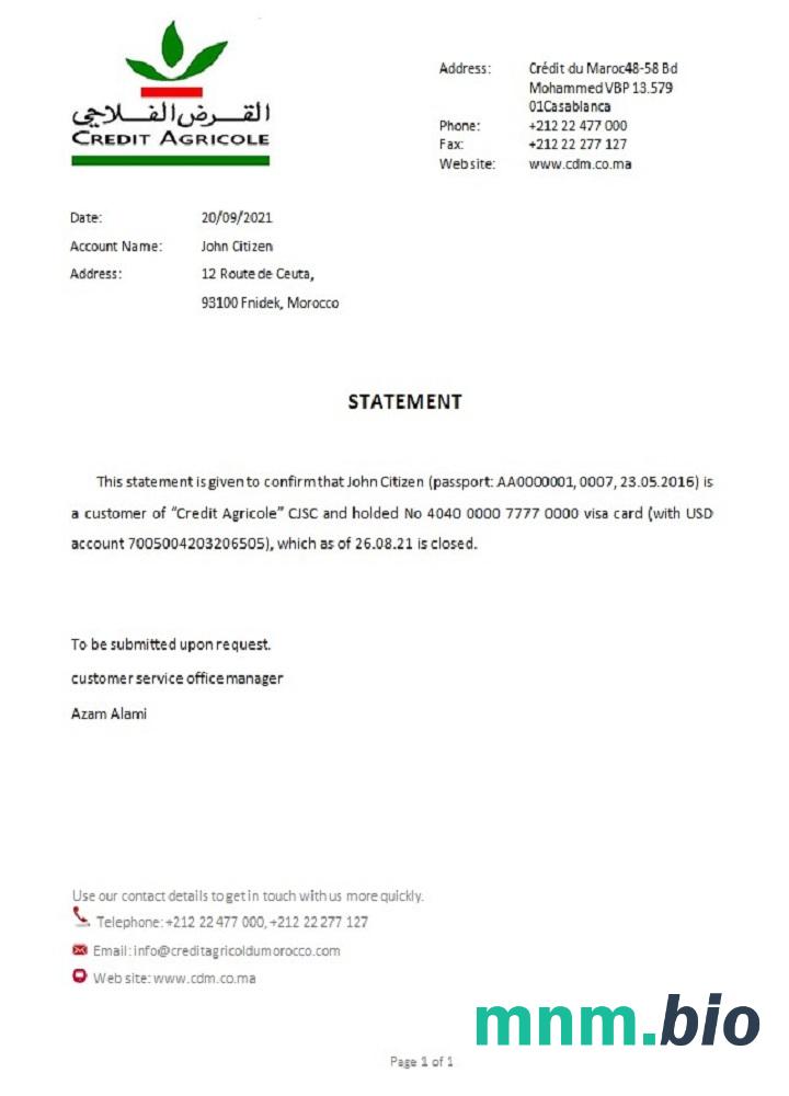Maroko Credit Agricole przykład zamknięcia banku w formatach Word i PDF
